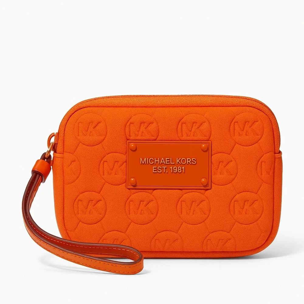Michael Kors Jet Set Embossed Logo Scuba Fabric Wristlet Pouch Orange Neon RARE